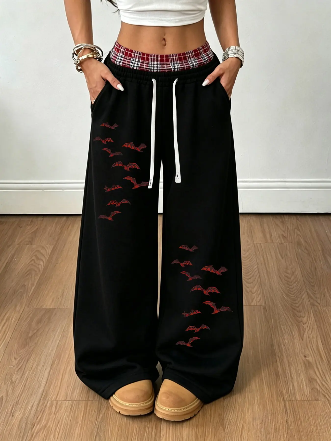 Women's Wide Leg Sweatpants, Plaid Double Layer Waist Drawstring Loose Fit Baggy Casual Street Style with Pockets, Daily Wear Essential