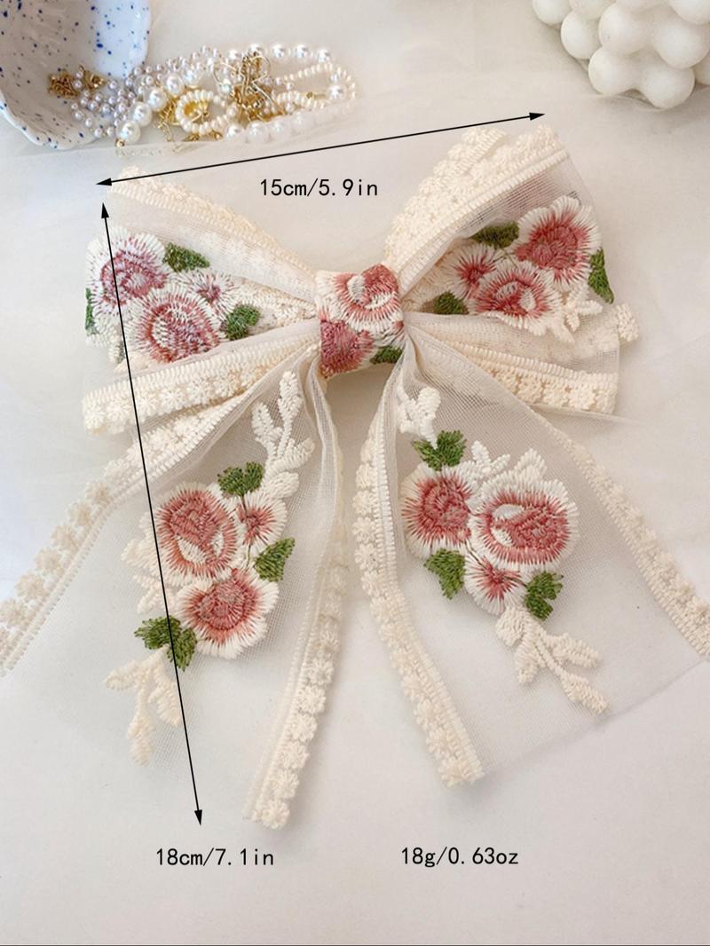 Elegant Flower Embroidery Bow Decor Hair Clip,  Cute Hair Accessories for Women & Girls, Trendy Hair Accessories for Daily Wear