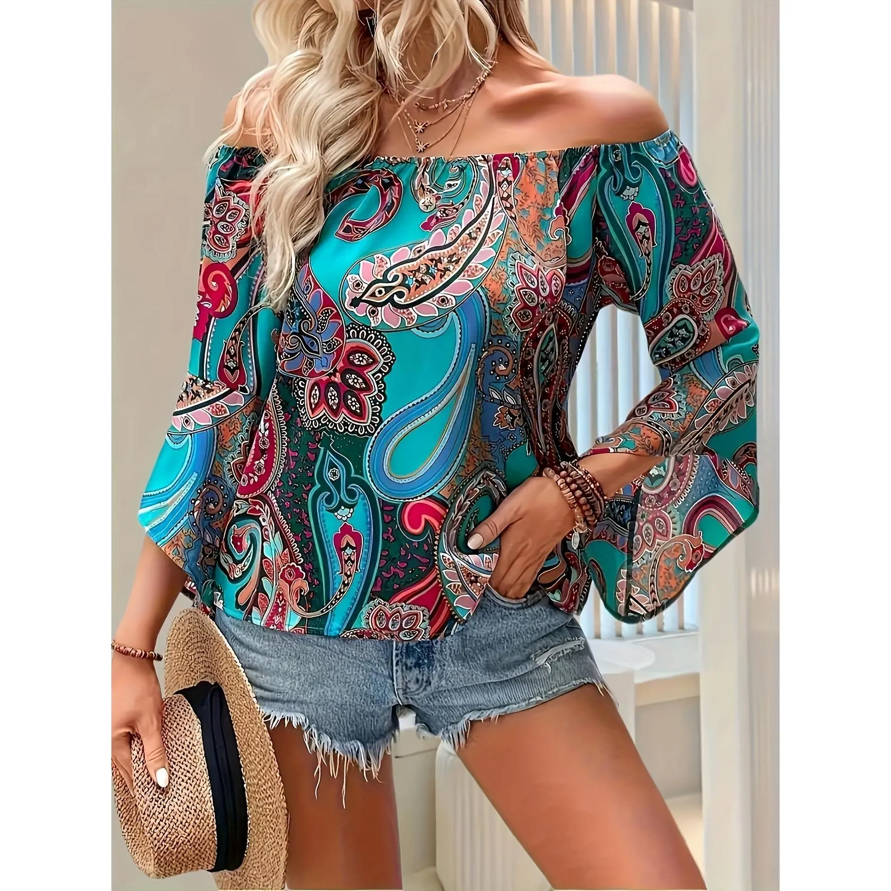 Women's Elegant Off-Shoulder Paisley Print Woven Polyester Fabric Blouse - Ruffled Dolman Sleeves, Baby Doll Top for Vacation, Date Nights, 100% Polyester