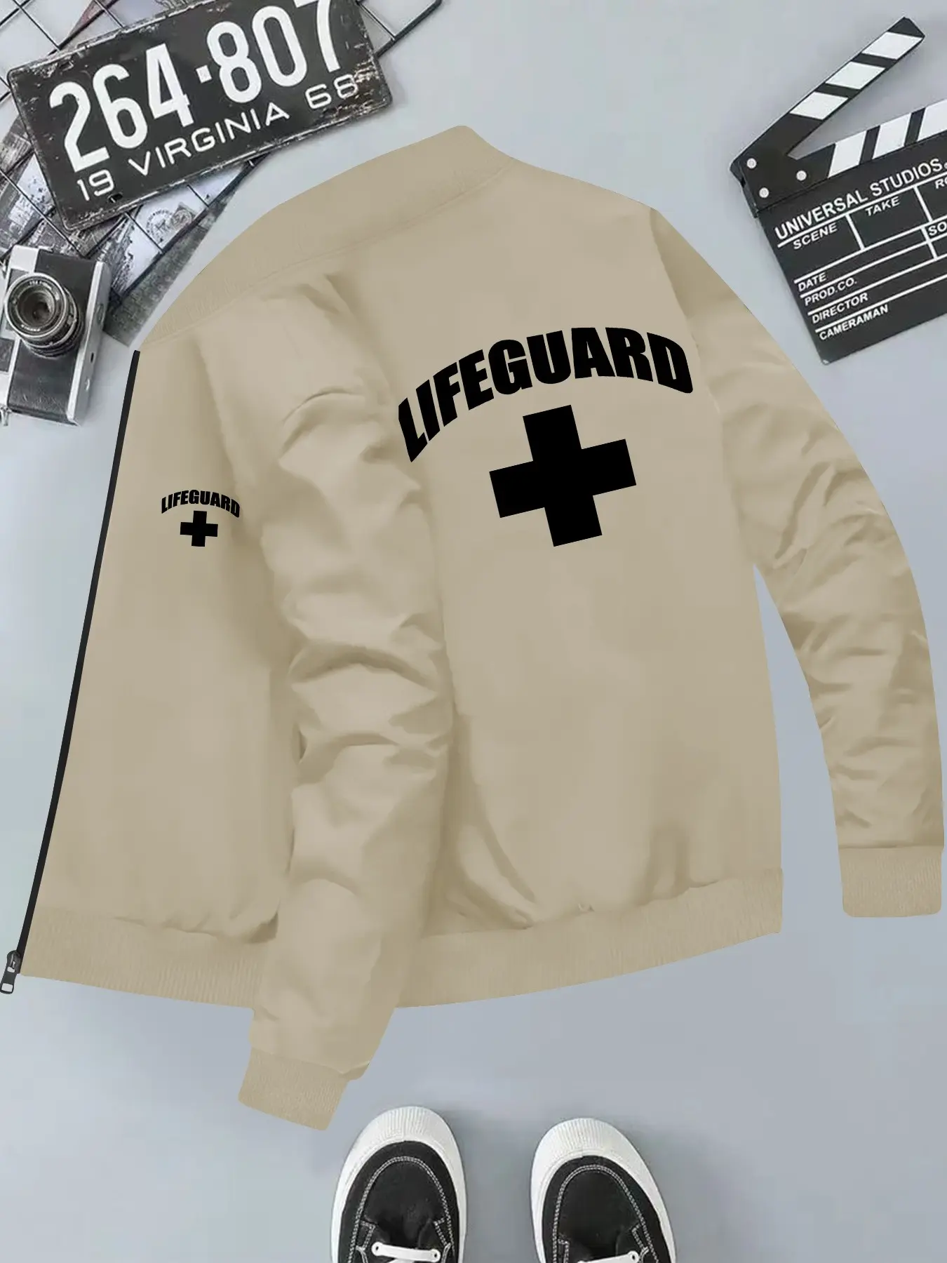 Men's Lifeguard Print Hooded Casual Jacket, Geometric Pattern, Long Sleeve, Loose-Fit, All Seasons Outerwear, Plain Surface, Unlined