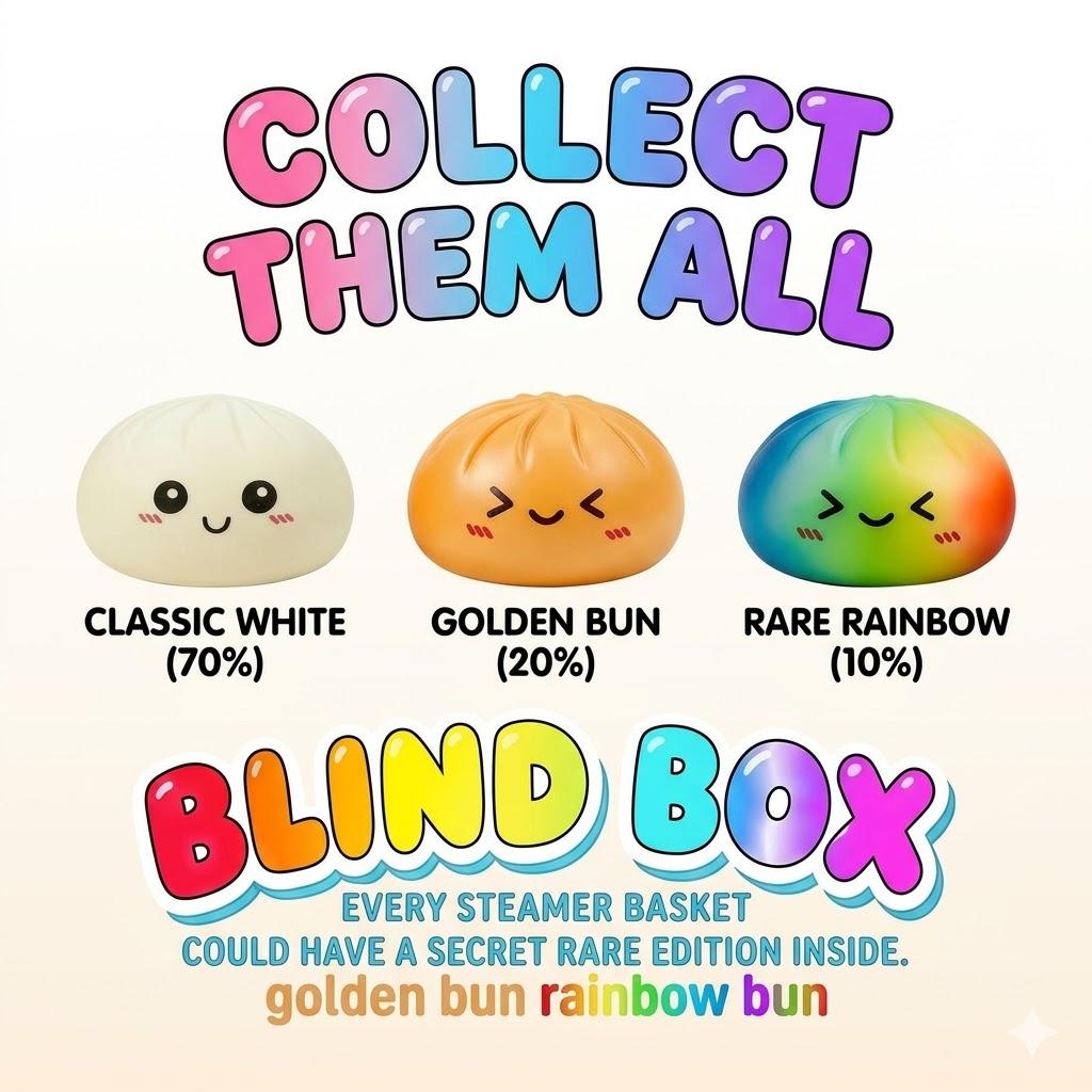 Surprise Blind Box Dumpling Squishy - Mysecret Bun Fidget Toy with Steamer, Collectible Kawaii Dough Ball (70% White, 20% Golden, 10% Rare Rainbow), Sensory Stress Relief Toy for Kids & Adults dumpling squishy
