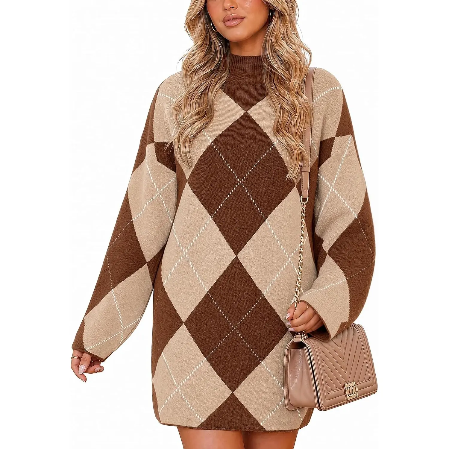 Wenrine Womens Oversized Turtleneck Sweater Dress Long Sleeve Knit Dresses | turtle neck, argyle, long sleeve, oversized, fall, winter, knitted mini dress, pullover sweaters