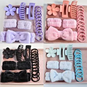 16Pcs Bow Hair Accessories Set - Sporty Headbands, Wristbands, Seamless Scrunchies, Matte Claw Hair Clips, Rubber Bands, Elastics for Sports, Skincare