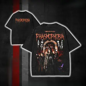 Men's Thrift Distressed Vintage Co-op Horror Short-Sleeve T-Shirt, Ghost Hunter Haunted House Collage Graphic Back, Mini Orange Bleed Logo Chest, Grunge Casual Top, Tshirt
