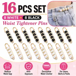 16 PCS Waist Tightener Pins, 8 White Pearl + 8 Black Bead Jeans Waist Adjuster Clips, No Sewing Anti-Exposure Safety Pins for Women