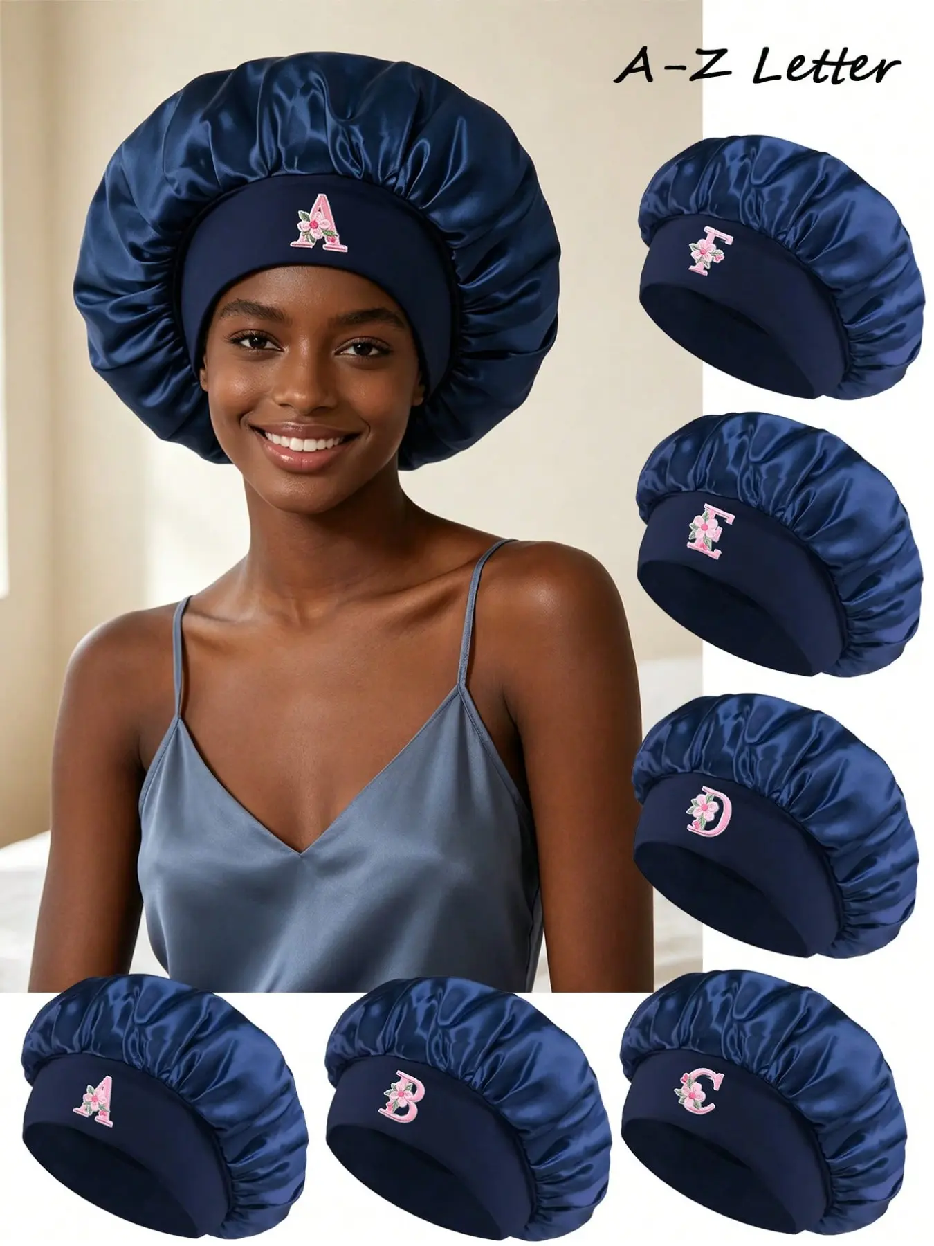 1PC Unisex Navy Anti-Static Satin Sleep Bonnet,Custom A-Z Letter Silk Sleep Cap Soft Gentle Hair Care Head Wrap Anti-Frizz Night Hair Cover Essential Home Hair Accessory Hair Bonnets Perfect Gift for Best Friends