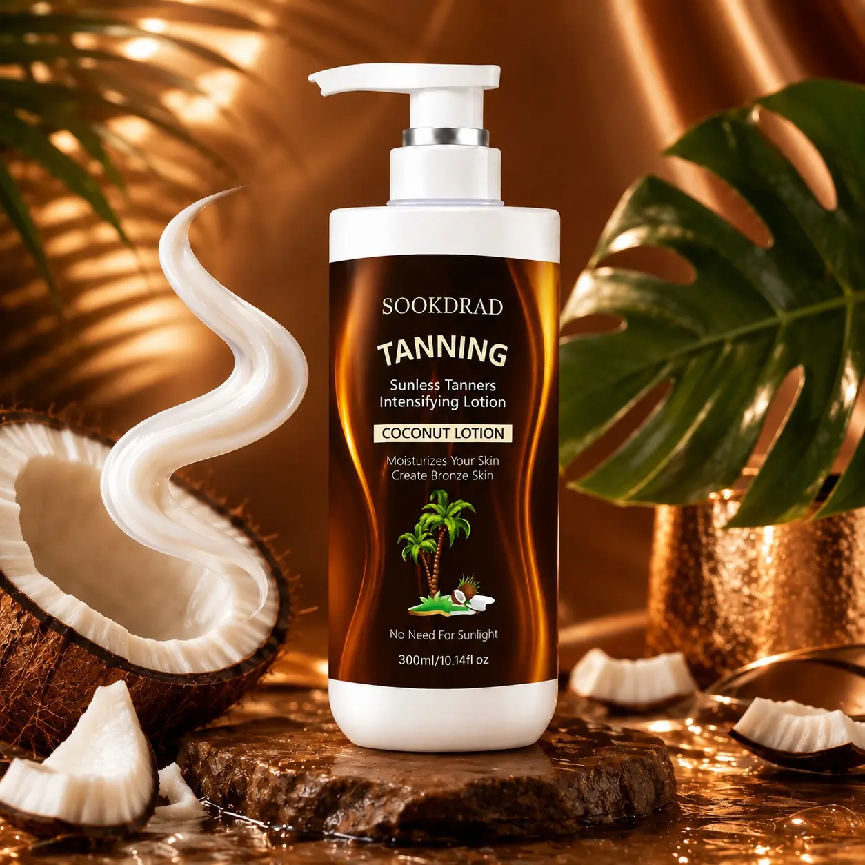 Sunless tanning intensifying lotion, coconut lotion, moisturizes skin, creates bronze skin, no need for sunlight, 10.14fl oz, 300ml