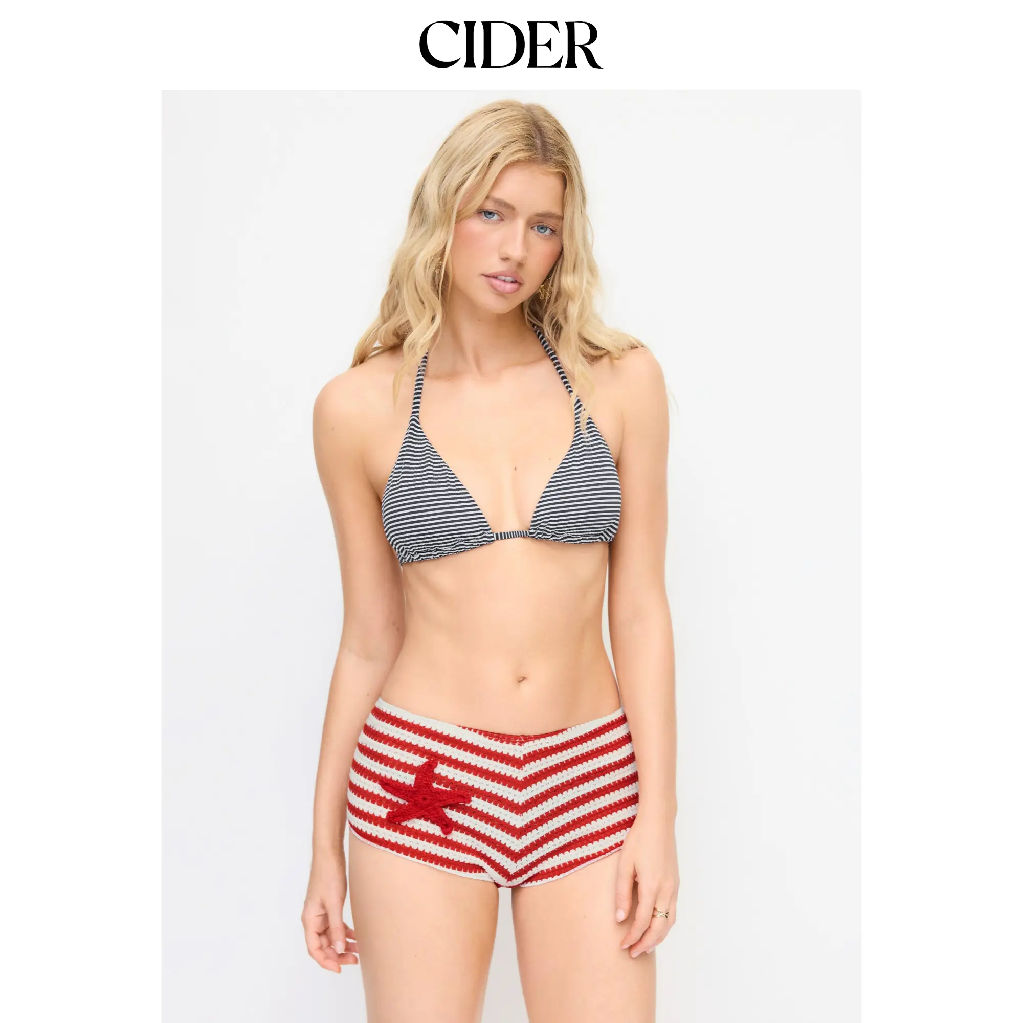 Cider Striped Halter Neckline Starfish Detail 3 Piece Bikini Set With Shorts