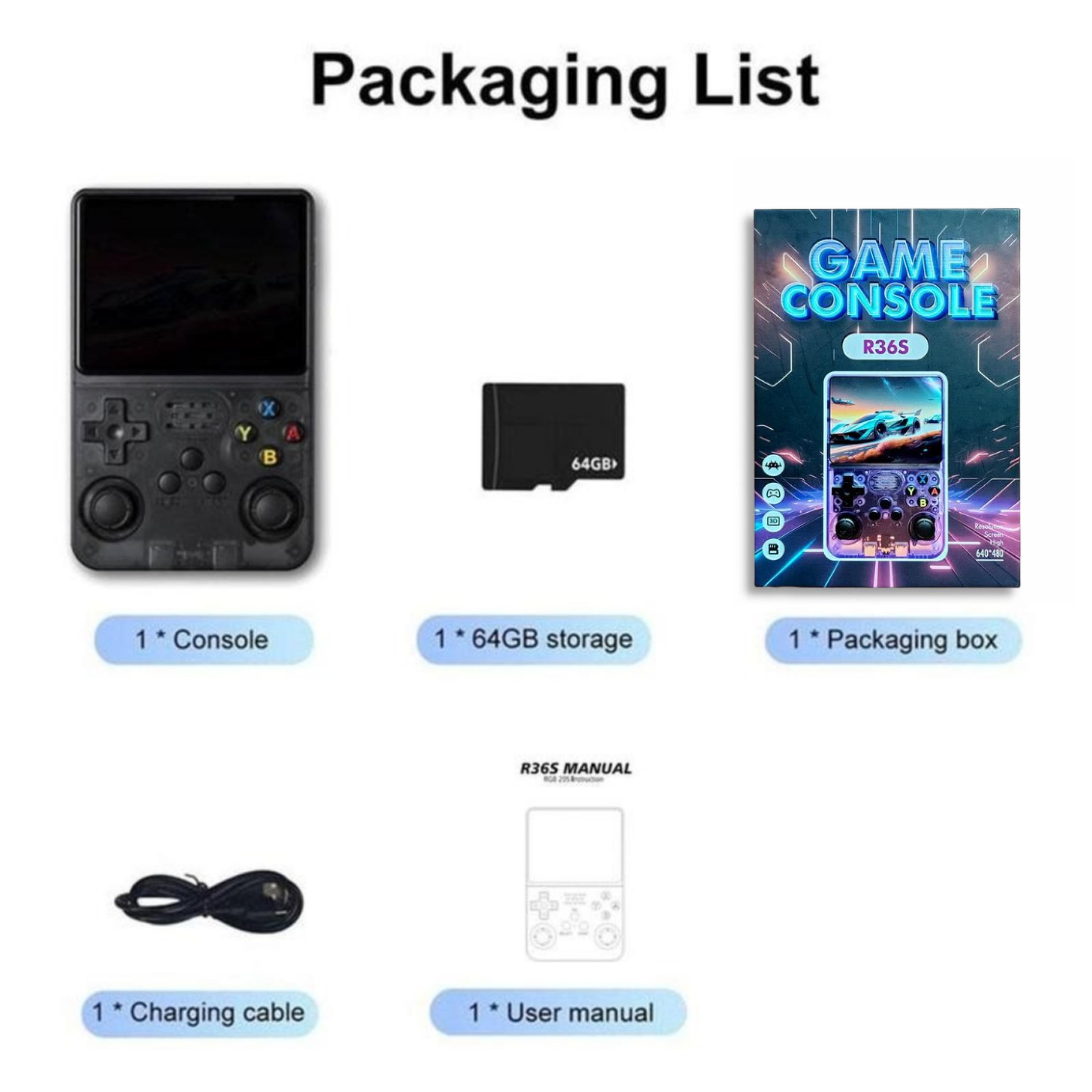 R36S Portable Game Console, 3.5 Inch IPS Screen Retro Video Game Console, Rechargeable Handheld Game Console with 64G TF Card