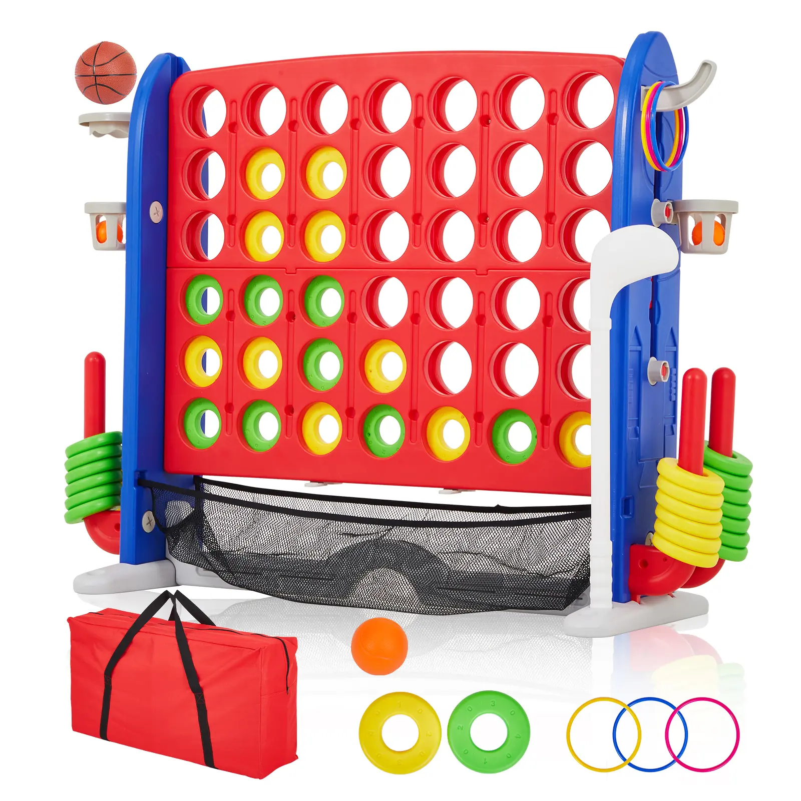 Jumbo 4-in-a-Row Game Set, 4-in-1 Multi-Game with Basketball Golf Ring Toss, 3 Adjustable Heights Quick Reset, Waterproof UV-Resistant PE & ABS, Portable Indoor Outdoor Family Party Game
