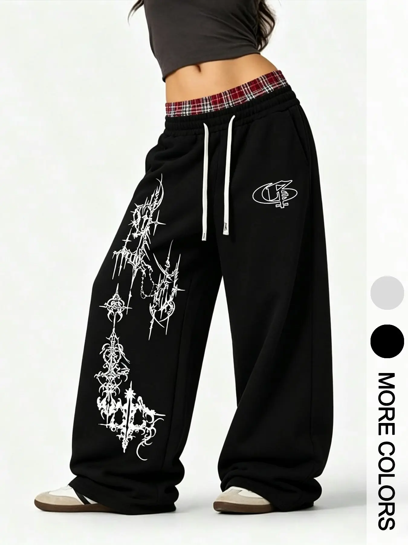 American Plaid Patchwork Waist Gothic Thorn Graffiti Print Drawstring Wide Leg Sweatpants, Punk Streetwear, Comfortable Fabric