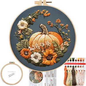 Pumpkin Embroidery Kit for Beginners, Pre-Stamped  Kits for Adults with Hoop, Easy to Follow Color Thread Needlework, 8'' Hoop (Yellow)