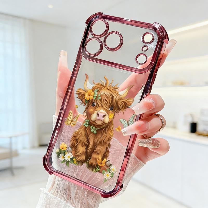 Protective Four Corners Plated iPhone Case for iPhone 17 16 Pro Max 15 Plus 14 13 12 11  Air Flower - adorned Highland calf Patterned Shockproof Transparent Soft Silicone Cover