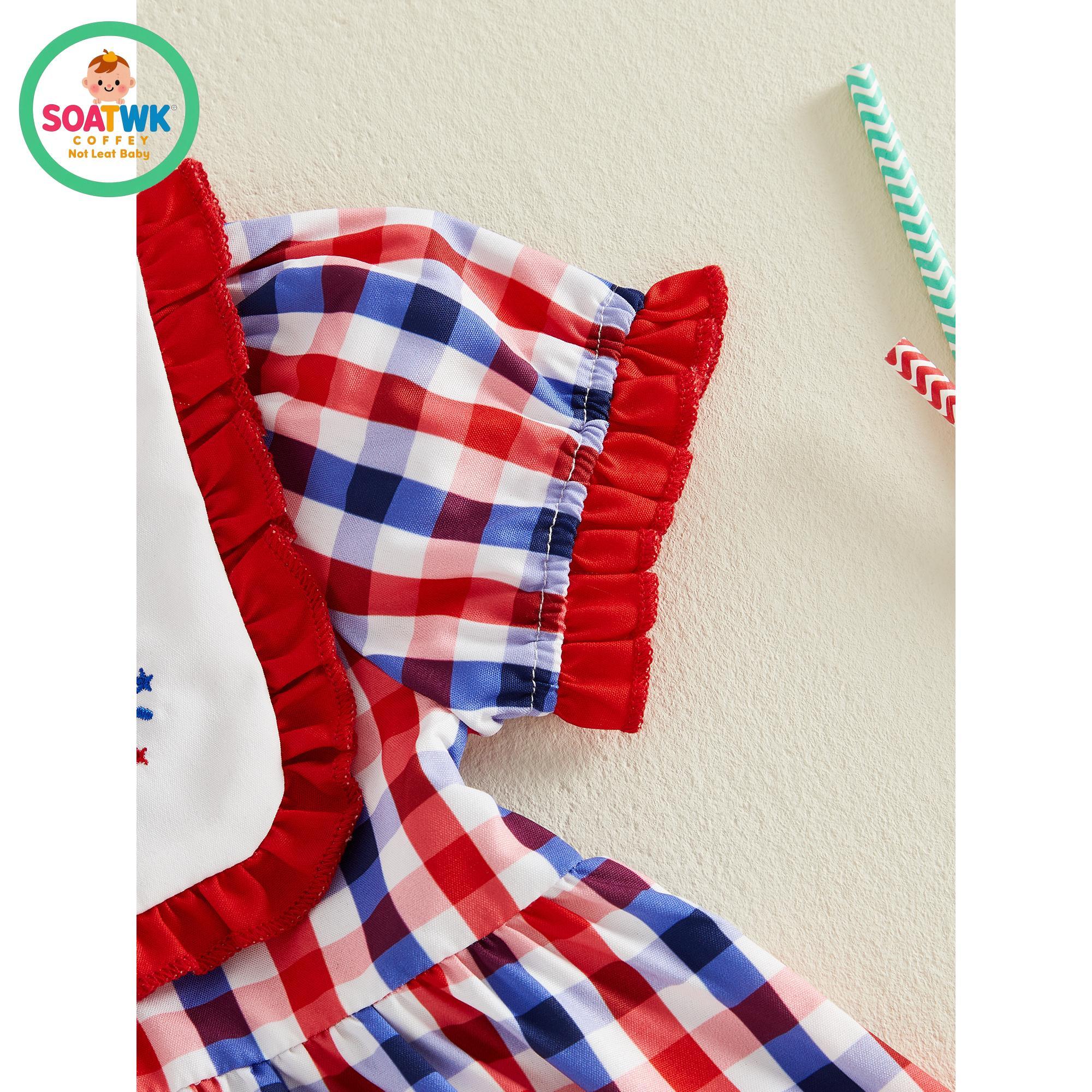 Little Girl 4th of July Dresses American Flag Firework Embroidered Short Sleeve A-line Gingham Dresses for Summer Spring