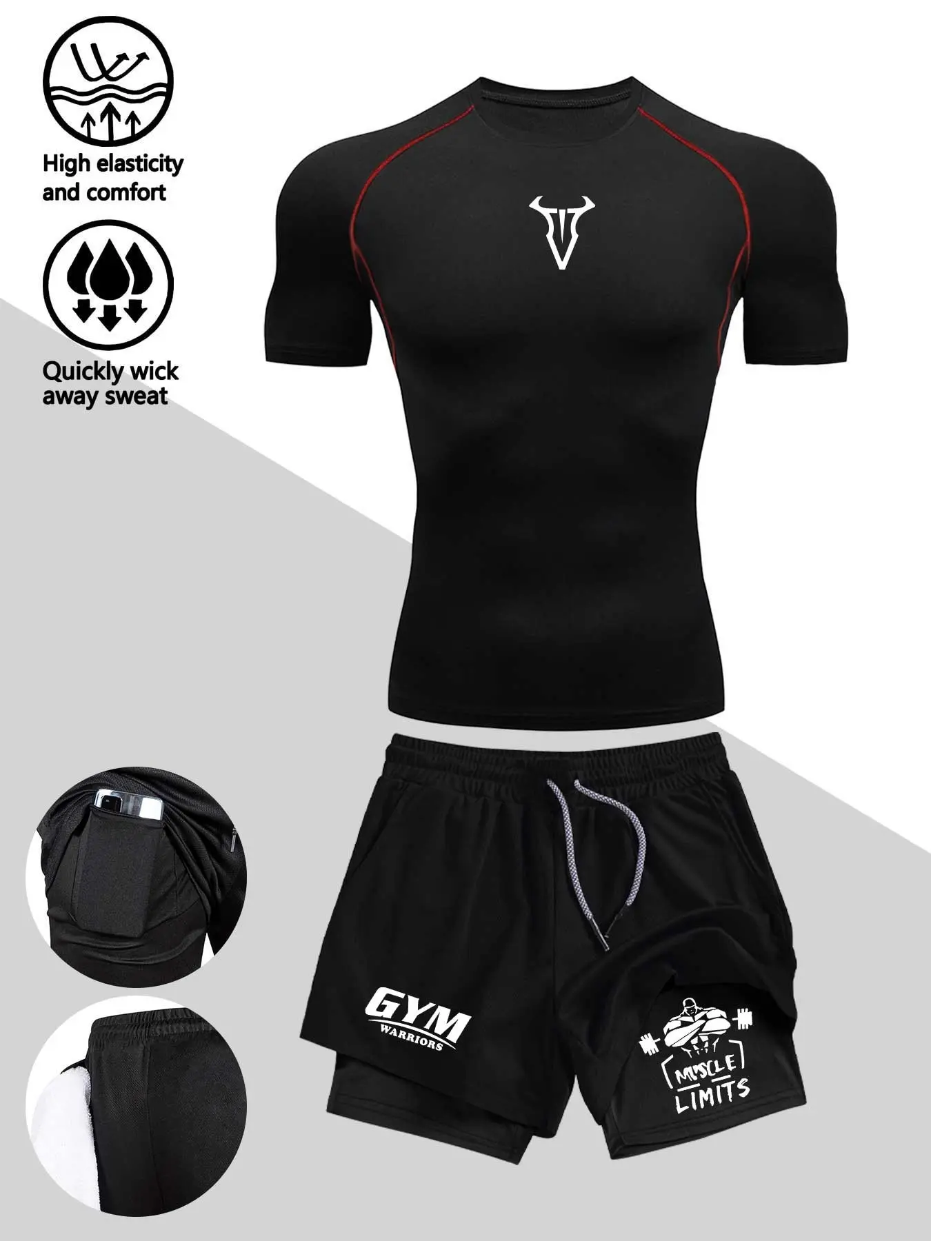 Men's High-Performance Quick-Dry Compression Set (2-Piece), Stretch Fitness & Outdoor Gear, Shaping T-Shirt & Dual-Layer Shorts, Sweat-Wicking