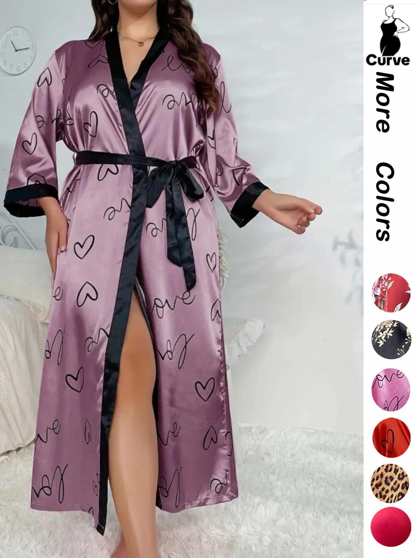 Plus Size Halloween Pumpkin Skull Print Belted Contrast Binding Wrap Robe, Elegant Soft Comfy V Neck Long Lounge Robe, Women's Sleepwear, Lady Summer Outfits 2024