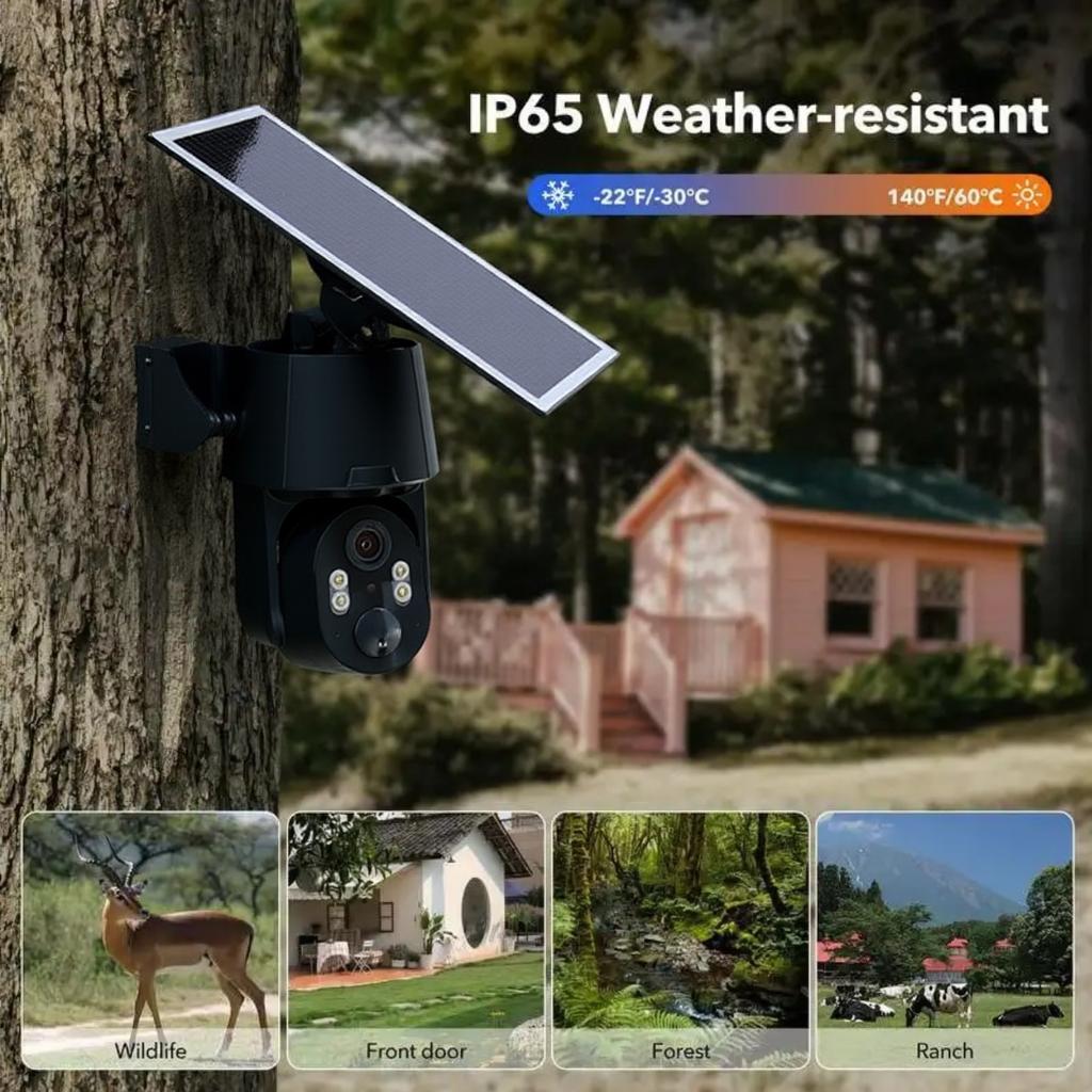 Digital Rechargeable Waterproof Solar Wireless Outdoor Security Camera - 2K HD Video, 360° Pan Tilt View & Control, 2-Way Audio, Spotlight Siren, PIR Motion Detection, Cellular 4G Data Card (Free 7 Days Data), Wall Mount Safety Connection, Black, Memory,