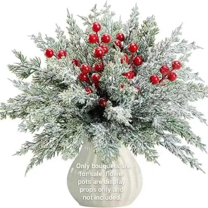60Pcs Artificial Snowy Cedar Branches with Red Berries, White Frosted Norfolk Pine Needles, Realistic Fake Greenery Stems, DIY Supplies for Wreath, Table Decor, Home Holiday Ornaments, Christmas Gifts,ChristmasGreenery,HolidayHomeDecor