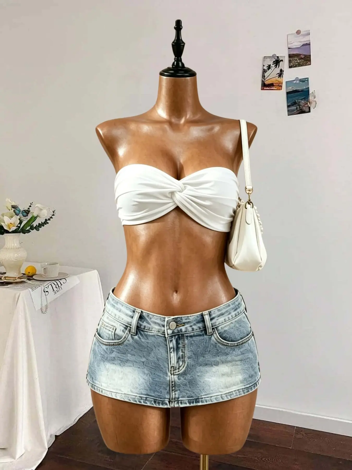 Tie Front Crop Top, Strapless Bodycon Short Sleeve Knitted Tank, Sexy Inner Wear Outerwear, Perfect for Bold Style