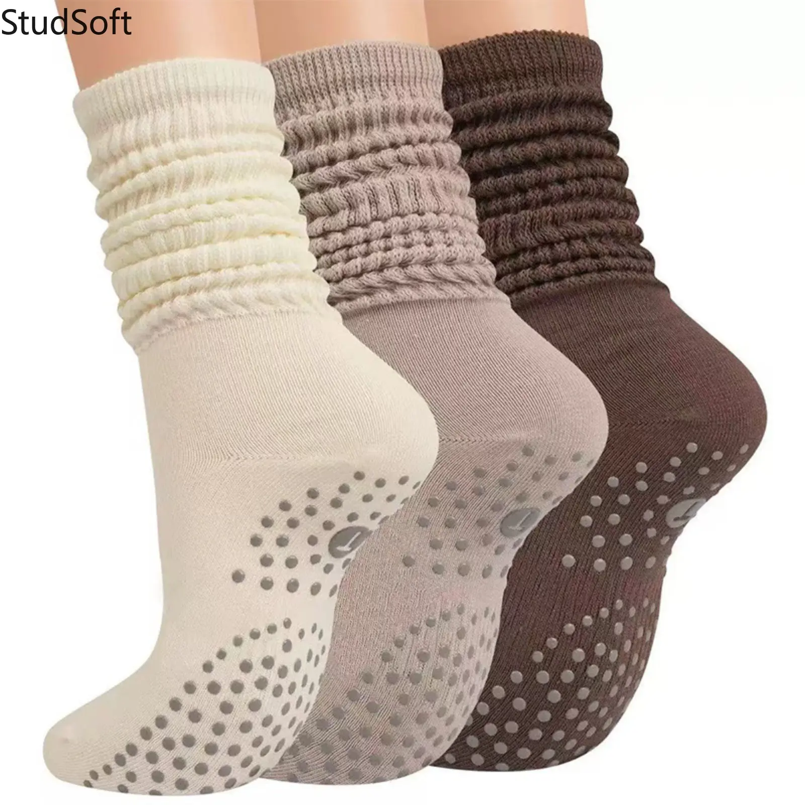 3 Pairs Womens Slouch Grip Socks, Cushioned Cotton Yoga Pilates Crew Socks, Soft Breathable Non Slip Sticky Barre Footwear for Home Gym Workout