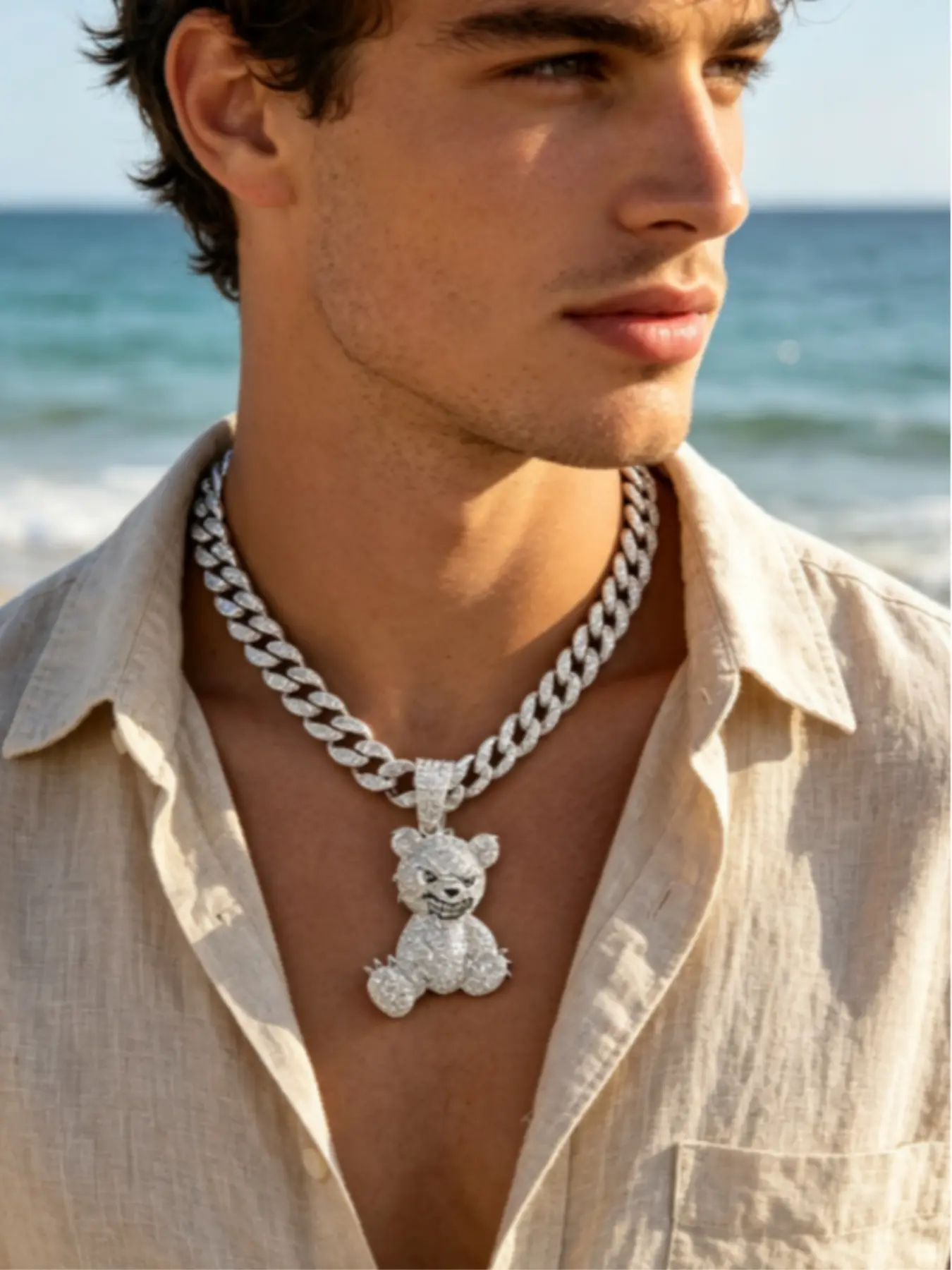 Hip Hop Iced Out Grin Bear Cuban Link Necklace