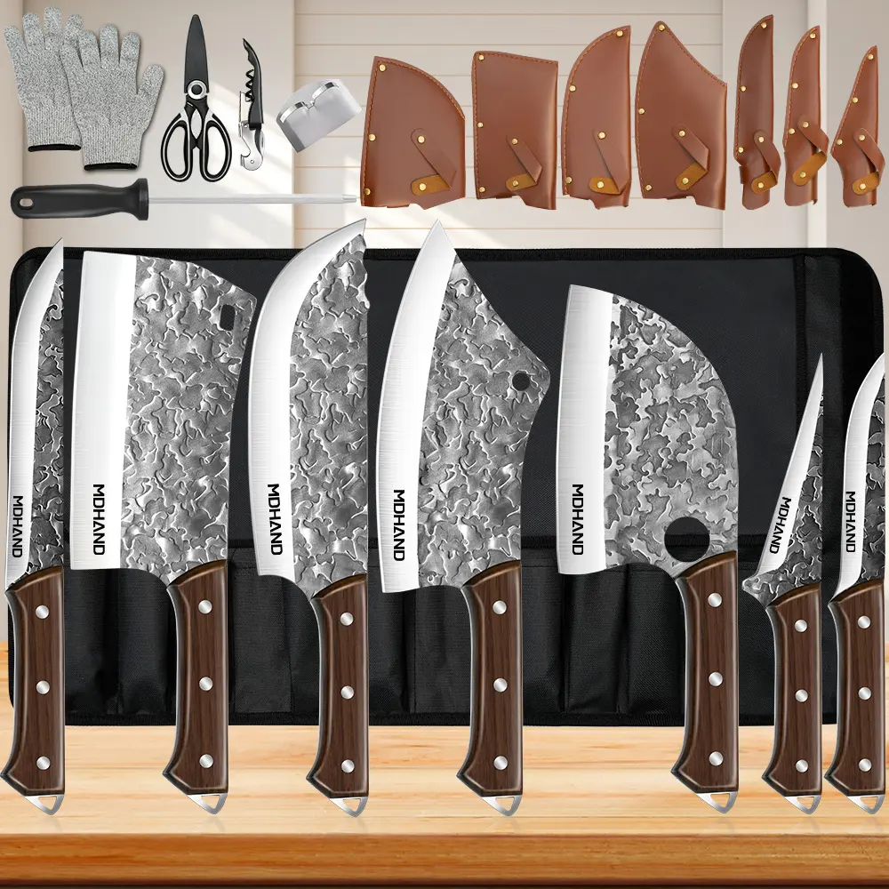 MDHAND 14Pcs Professional Hand-Forged High Carbon Stainless Steel Knives Kitchen Set - Non-Stick Butcher Knives, Sharp for Meat Cutting, Ideal Cooking Kitchenware, Style A: Moire, with Roll Bag