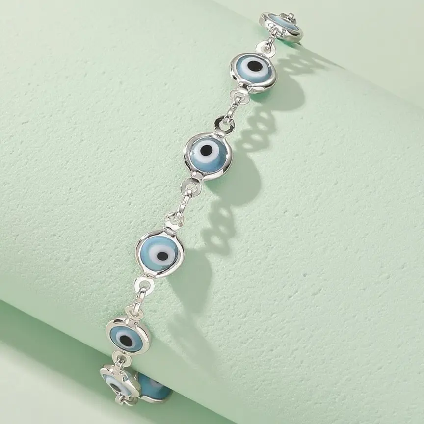 Blue Evil Eye Charm Bracelet for Women, Adjustable Stackable Silver-Tone Jewelry with Synthetic Beads for Daily Use & Beach Wear, Charm Beads