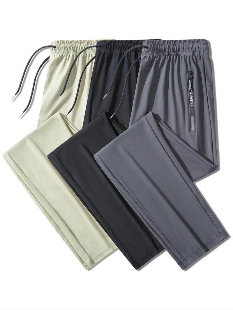 Men's Solid Zipper Pocket Pants, Regular Fit Casual Comfy Breathable Elastic Waist Trousers for Outdoor Activities, Breathable Athletic Bottoms, Men's Bottoms for Summer