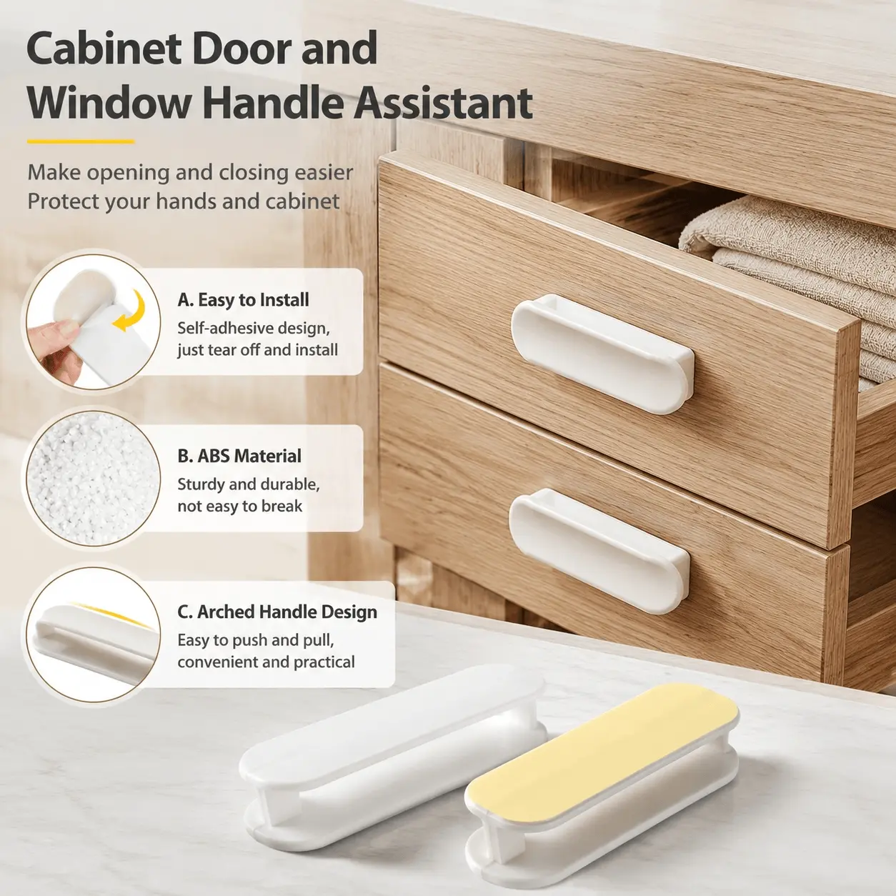 No-Install Self-Adhesive Cabinet Pulls, Multipurpose Strong Grip Handles for Drawers and Wardrobes, DIY Home Upgrade Easy Kitchen Bathroom Rust-Resistant Durable Door Handles, Minimalist Design Helper Pulls
