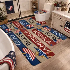 3/5Pcs God Bless America Bathroom Rug Set, Patriotic USA Flag Star Heart Style Non-Slip Absorbent Bath Mat, Toilet Lid Cover & U-Shaped Mat, Independence Day Decor for Home Bathroom, Perfect for American Patriotic Lovers