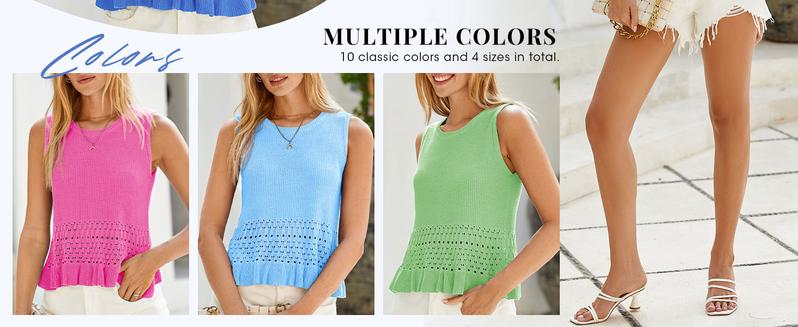 Saodimallsu Womens Crochet Crop Tank Tops Sleeveless Crew Neck Ruffle Summer Boho Knit Sweater Vest Saodimallsu Womens Crochet Crop Tank Tops Sleeveless Crew Neck Ruffle Summer Boho Knit Sweater Vest