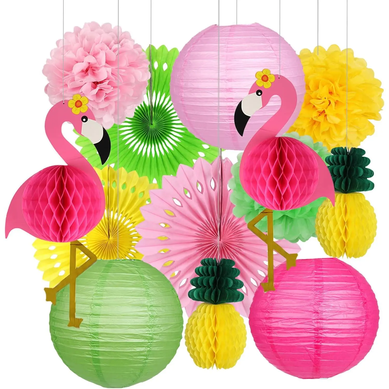 Flamingo Party Supplies Hawaiian Decorations - Honeycomb Balls, Paper Lanterns, Fans, Pom Poms & Flowers for Tropical Luau Birthday Bachelorette Party
