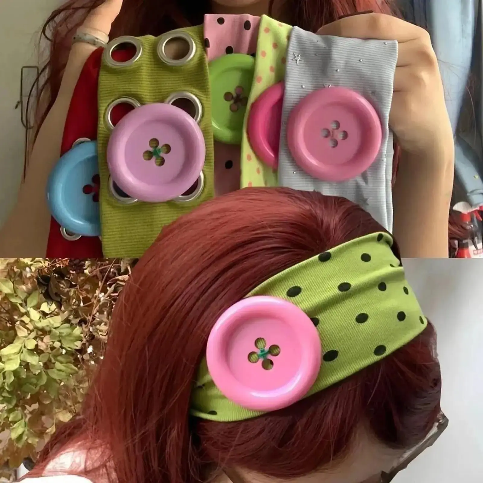Summer Colorful Large Button Wave Dot Wide Elastic Headband for Women, Korean Ins Y2K Retro Blogger Same Style Trendy Cool Daily Hair Accessories