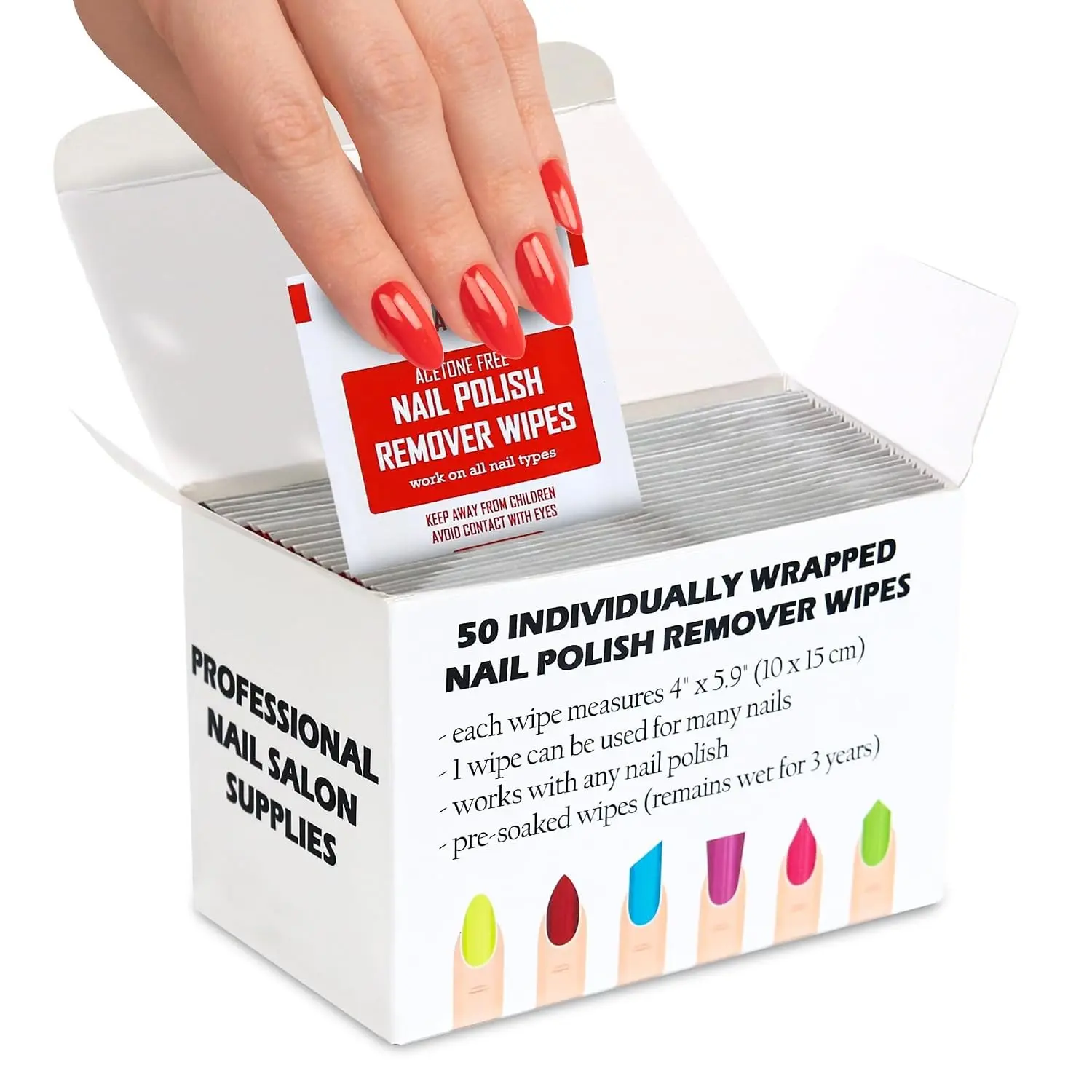Nail Polish Remover Pads 100% Non-Acetone 50 Pack Bulk Individually Wrapped Quick Wipes Travel Kit for Home & Professional Nail Polish Removal