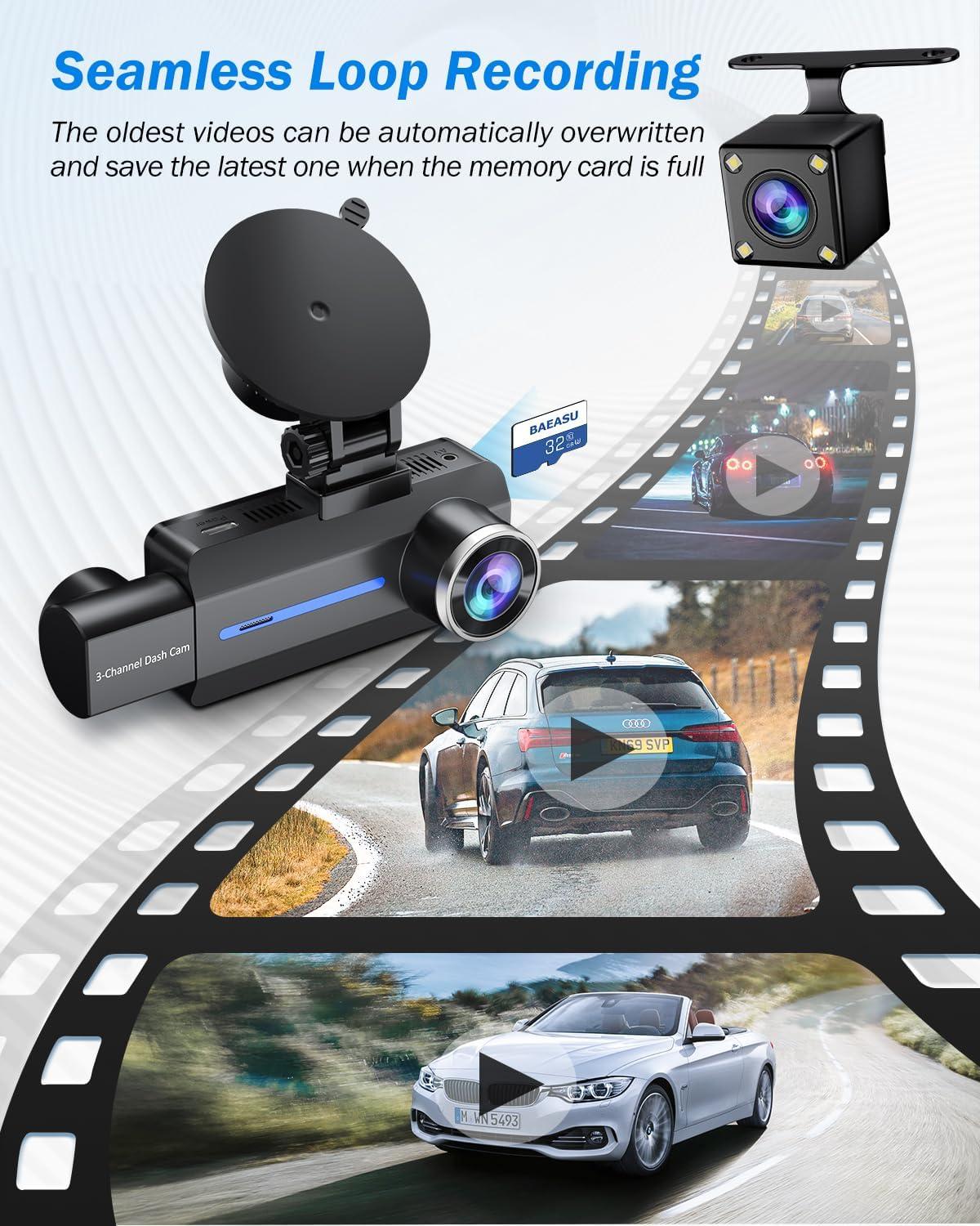 Dash Cam Front and Rear, 2.5K+1440P Triple Car Camera with 32GB Card, 3 Channel Dash Camera for Cars, G-Sensor, 3.16" IPS Screen, 24Hr Parking, 170°Wide Angle, Loop Recording, IR Night Vision, Blue Dash Cam Front and Rear, 2.5K+1440P Triple Car Camera with 32GB Card, 3 Channel Dash Camera for Cars, G-Sensor, 3.16" IPS Screen, 24Hr Parking, 170°Wide Angle, Loop Recording, IR Night Vision, Blue