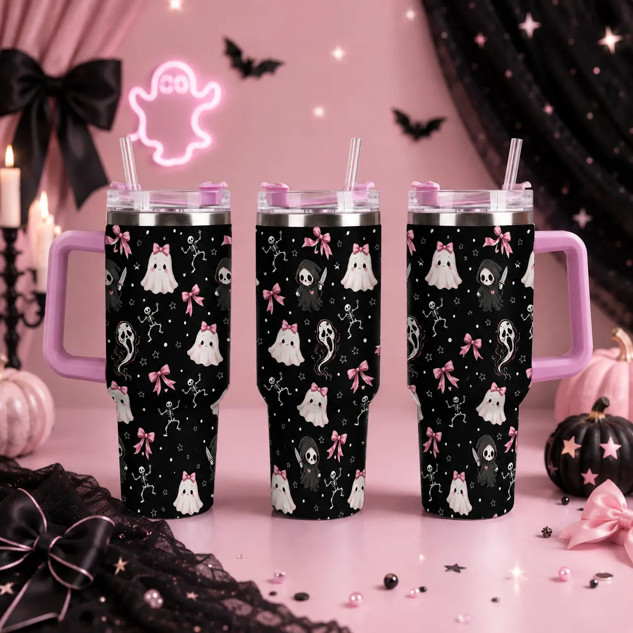 40oz Halloween Tumbler with Handle and Straw, Coquette Pink Bow Ghost and Grim Reaper Insulated Cup, Stainless Steel Water Bottle, Creepy Cute Spooky Season Travel Mug, Gift for Her