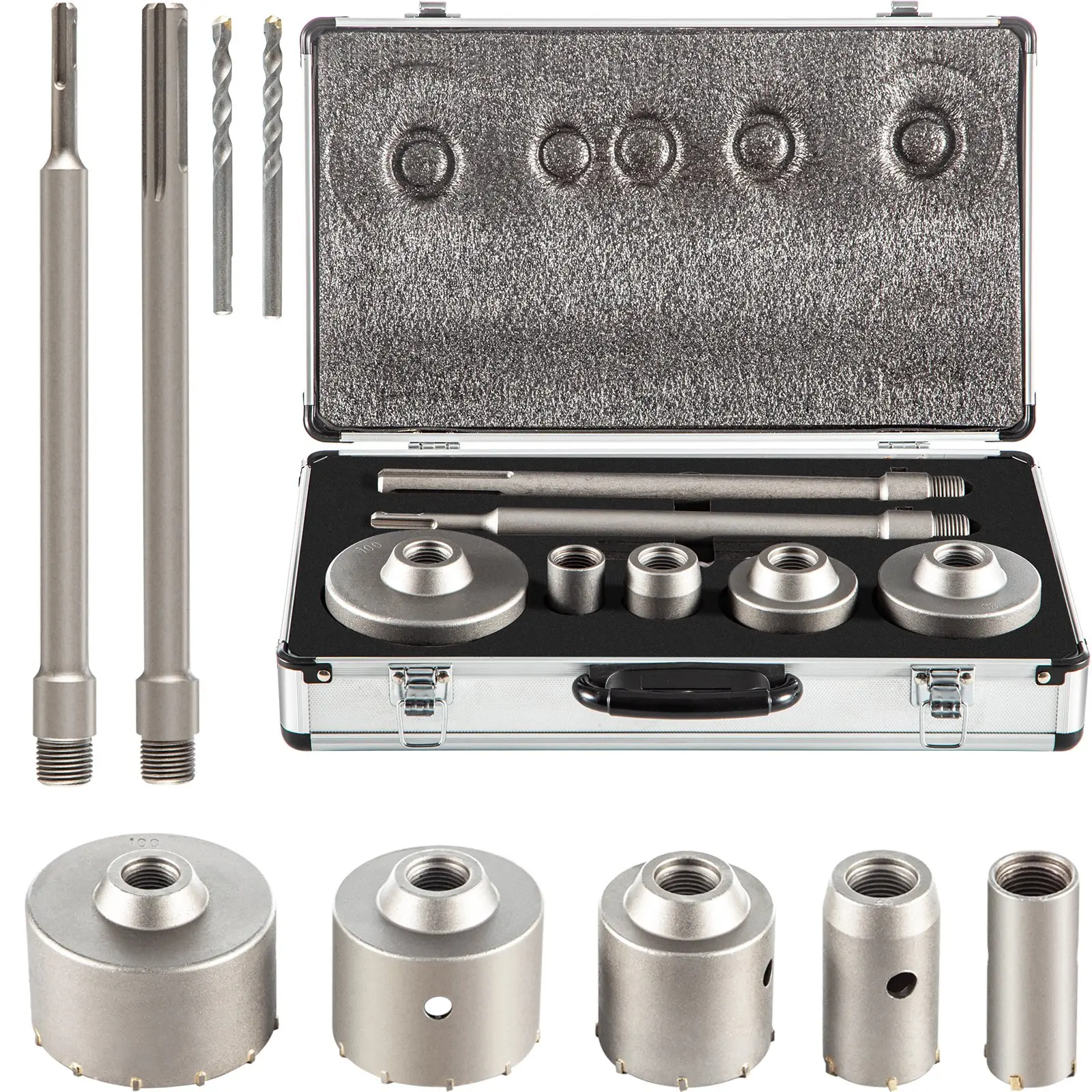 VEVOR Concrete Hole Saw Kit, 1-2/11, 1-3/5, 2-9/16, 3-5/32, 3-15/16 Drill Bit Set SDS Plus SDS MAX Shank Wall Hole Cutter with a 4-1/3 Connecting Rod for Concrete, Cement, Stone Wall, Ma