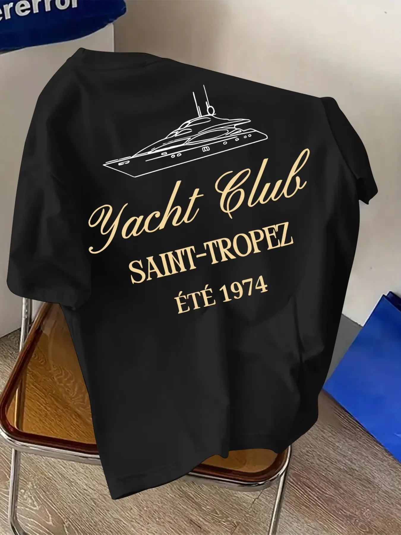 French Luxury Saint-Tropez Yacht Print Back T-Shirt, Unisex Short Sleeve Crop Top, Casual Fitted Round Neck Tee