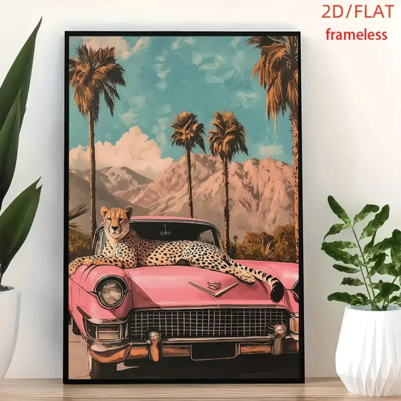 frameless Cheetah On Pink Retro Car Tropical Poster Art Decor Print Poster, Wall Art for Living Room, Bedroom, Office, Dining Room & Bar, Perfect Gift & Home Decor, 12in x 16in