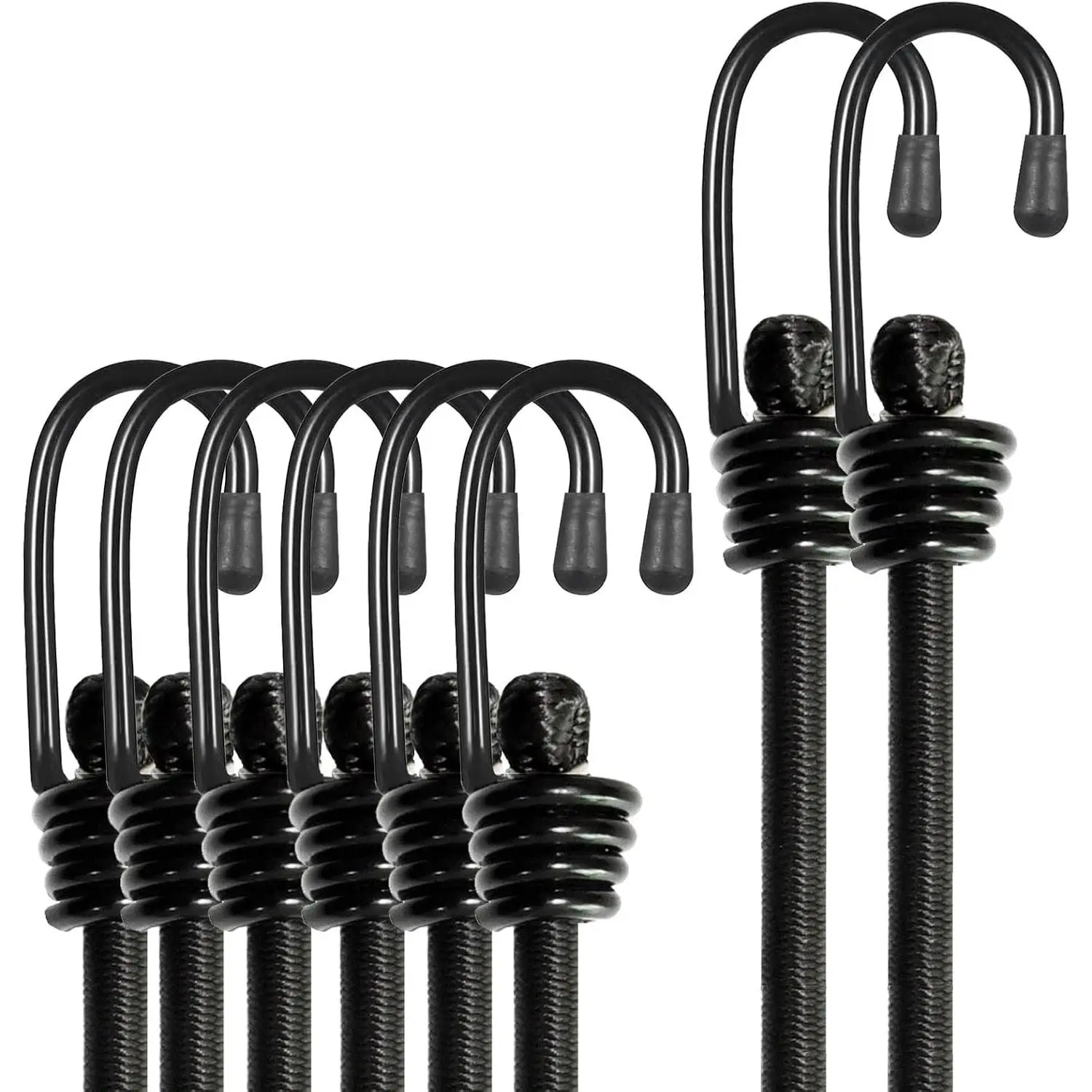 Heavy Duty Bungee Cords with Hooks, Industrial Grade Outdoor Elastic Bungee Straps, Odor-Free Bungee Rope for Securing Tarps, Luggage, Tents, Bikes & Garden Tidying, 8 Pack (6x 24 in + 2x 48 in, Black)