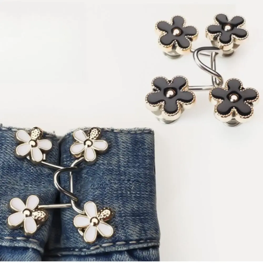 Daisy Motif Waist Cinching Pins, 4-Piece Set of Adjustable Metal Buckles for Women's Jeans & Dresses, Adjustable & Detachable Design, Everyday, Floral Shape, Set Of 4, 1 Set