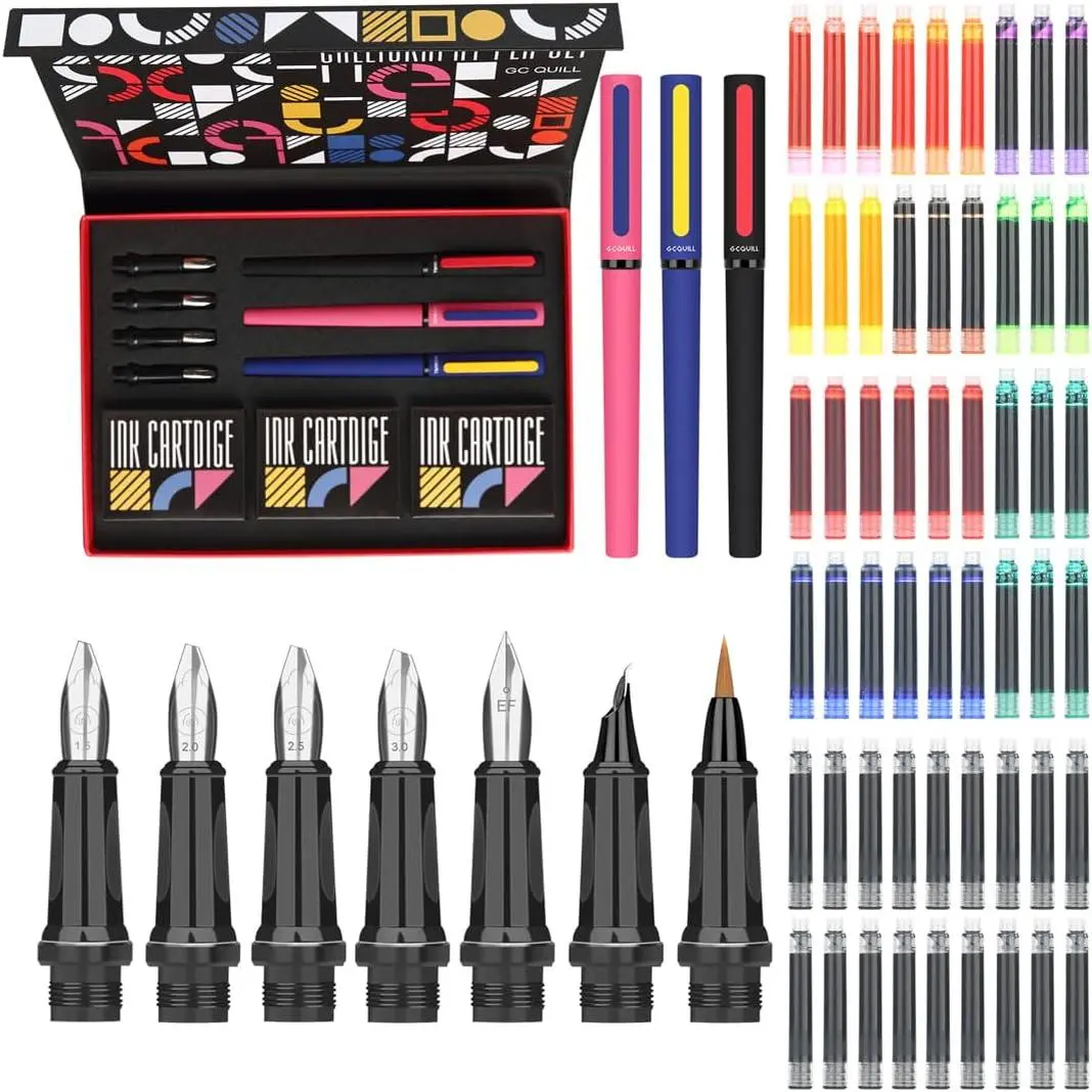 Calligraphy Pens Set 64 count - Calligraphy Fountain Pen Set with 3 Fountain Pens, 7 Varied Nibs, 54 Ink Cartridges(10 Colors) - Writing, Drawing and Calligraphy Practice for beginner -F354