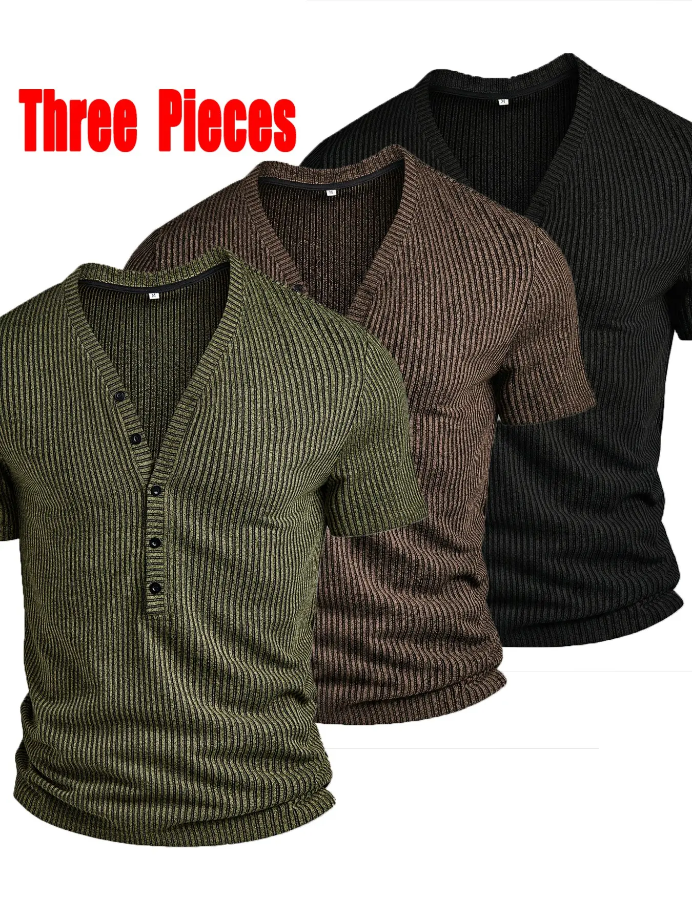 Men's Three-Piece Set, Textured Dual-Color Striped Fabric, Deep V Neck, Short Sleeve, Outdoor Fashion Sport Top, Royalboy Brand, Athleisure Set