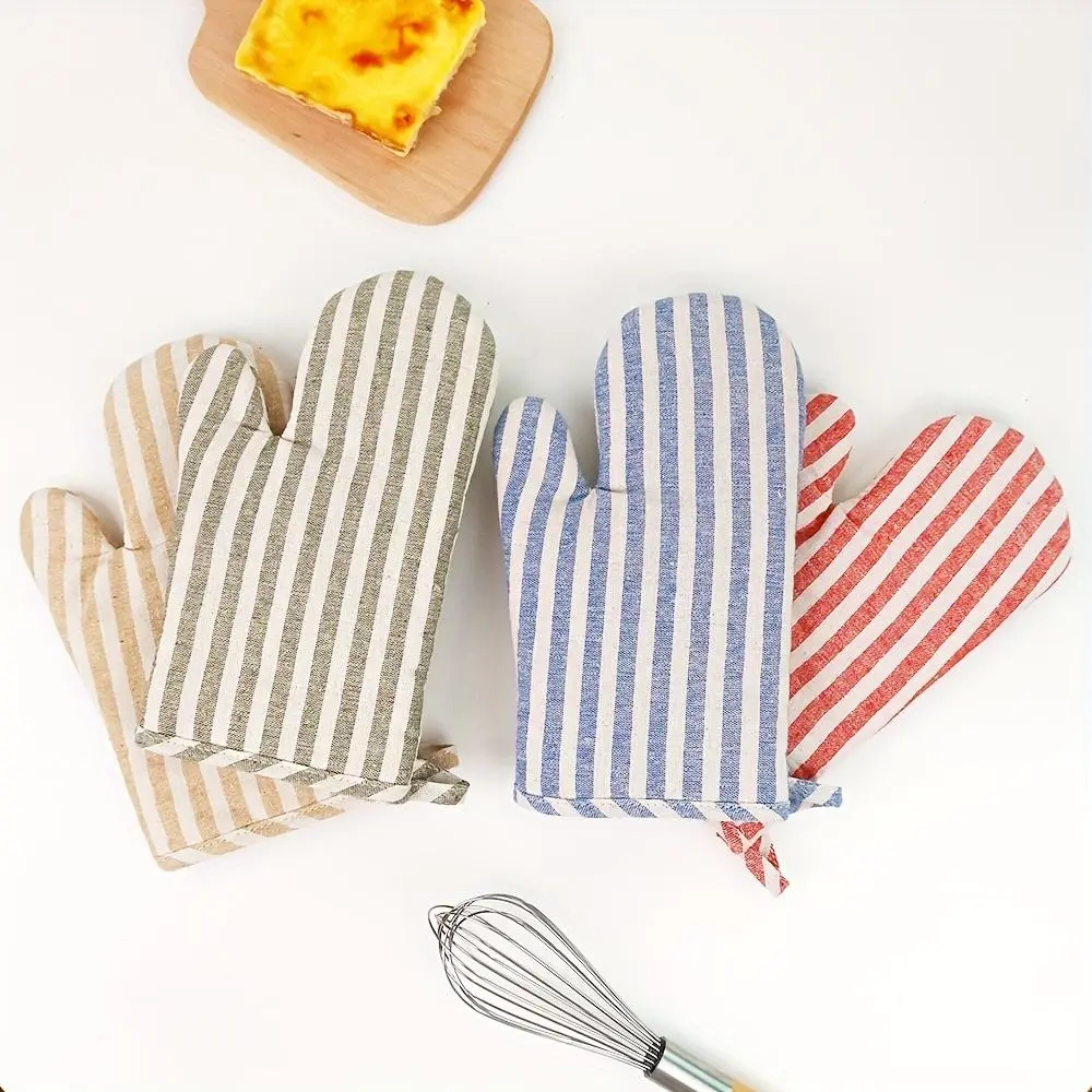 Striped Heat-Resistant Gloves, Thickened Microwave Oven Mitts, Anti-Scald High-Temperature Kitchen Baking Oven Gloves