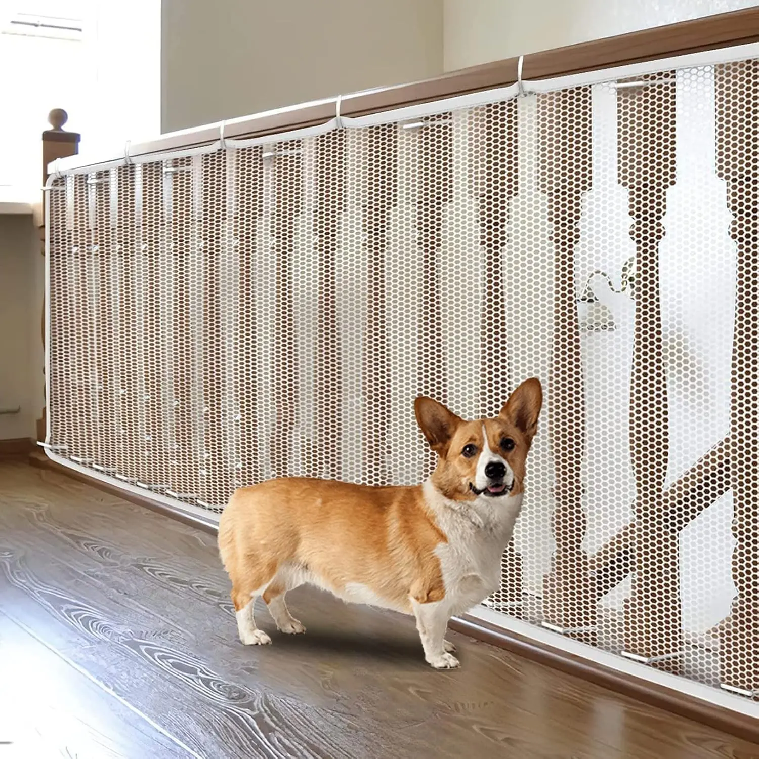 Gate for Stairs, Banister Guard for Pets, Toys, 15ft L x 2.66 ft H, Mesh Netting Safety Net for Balcony Rail Stair, Stairway Net Safety Products for Indoor & Outdoor (White) ﻿