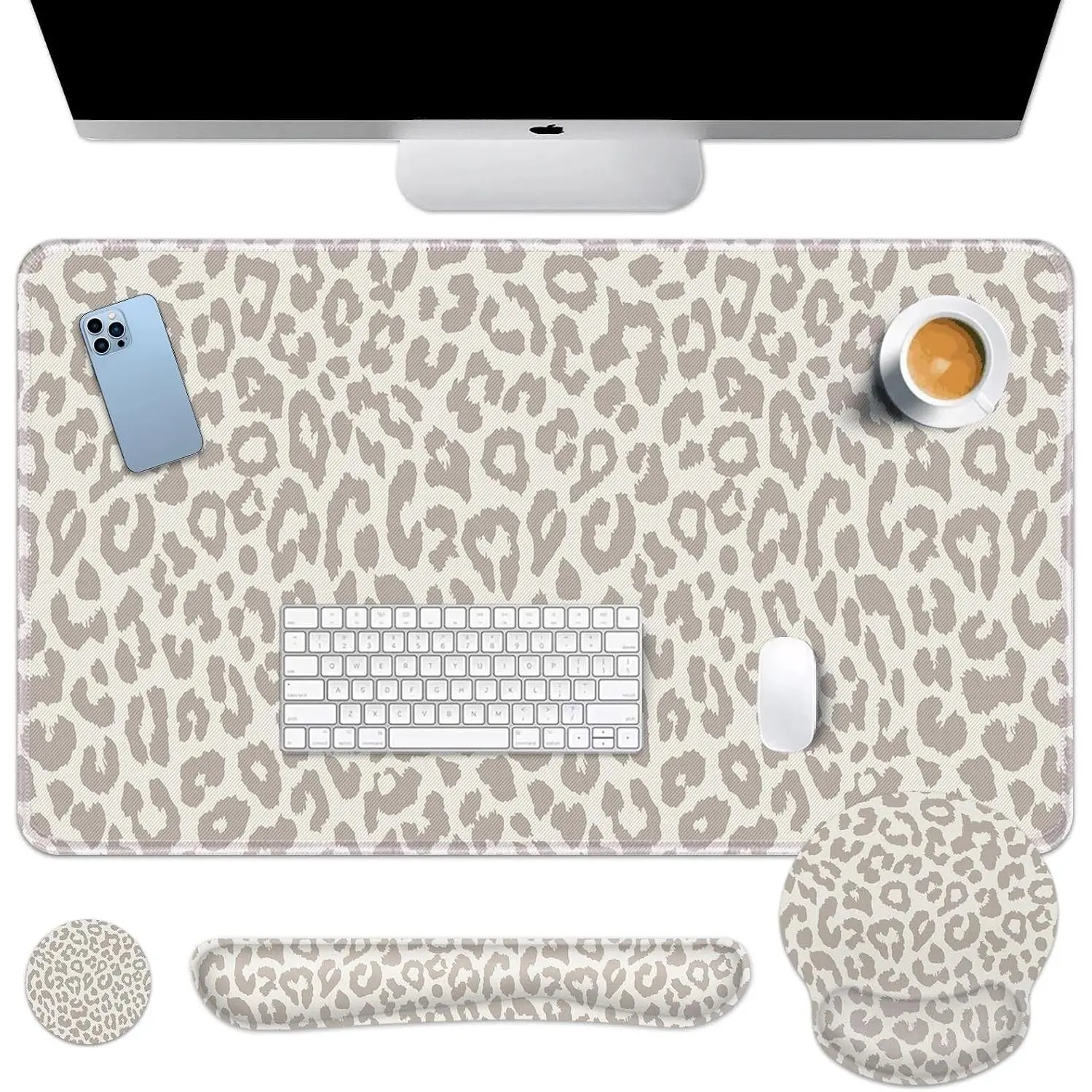 Leopard Light Khaki Desk Mat    Pad Set 4 in 1  Design Large Desk Pad + Keyboard Wrist Rest +  Wrist Rest + Coaster Suitable for  Office Study