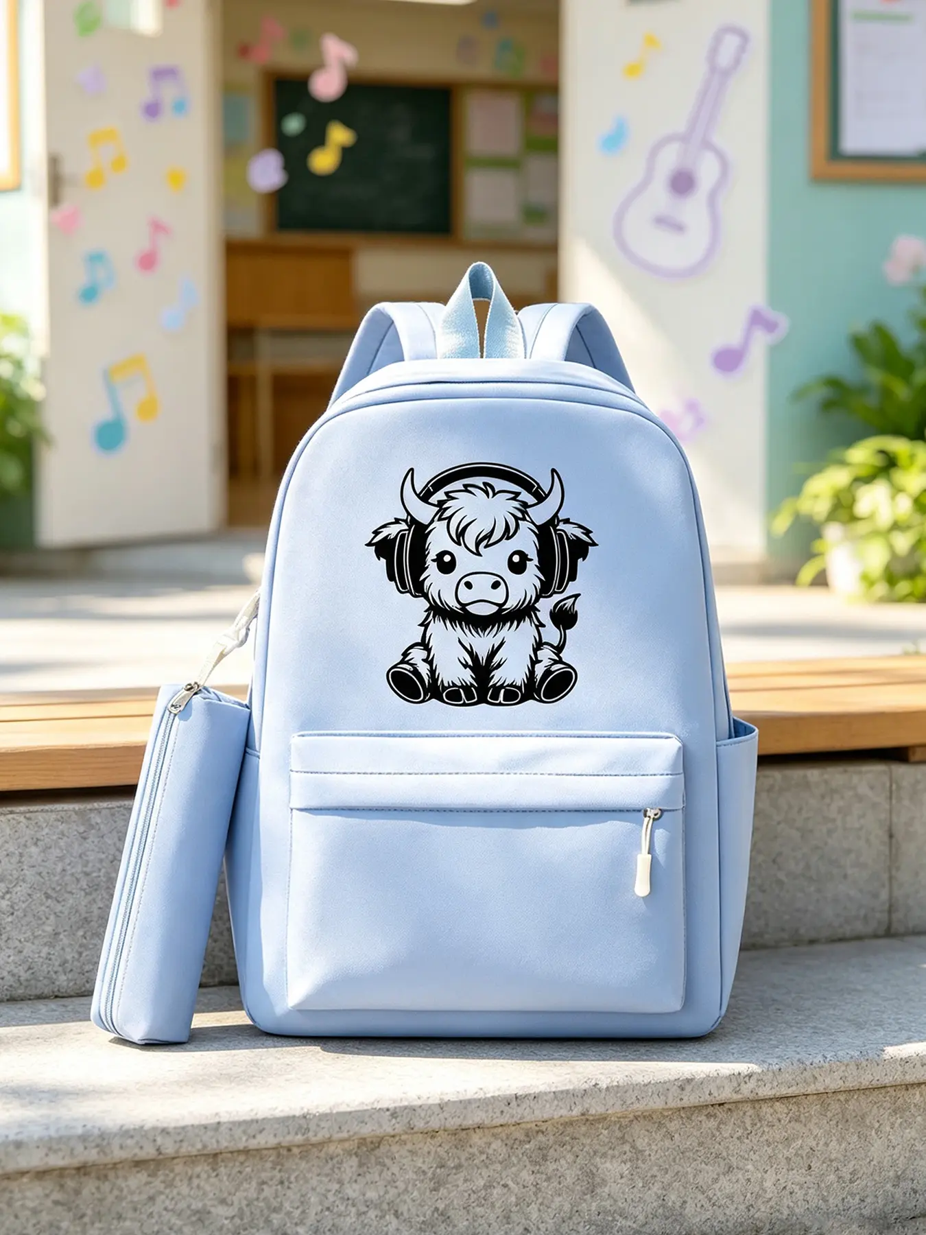 Highland Cow With Music Print Travel Backpack, Stylish Men's Laptop Backpack for School, Portable Carry-On Ergonomic Backpack