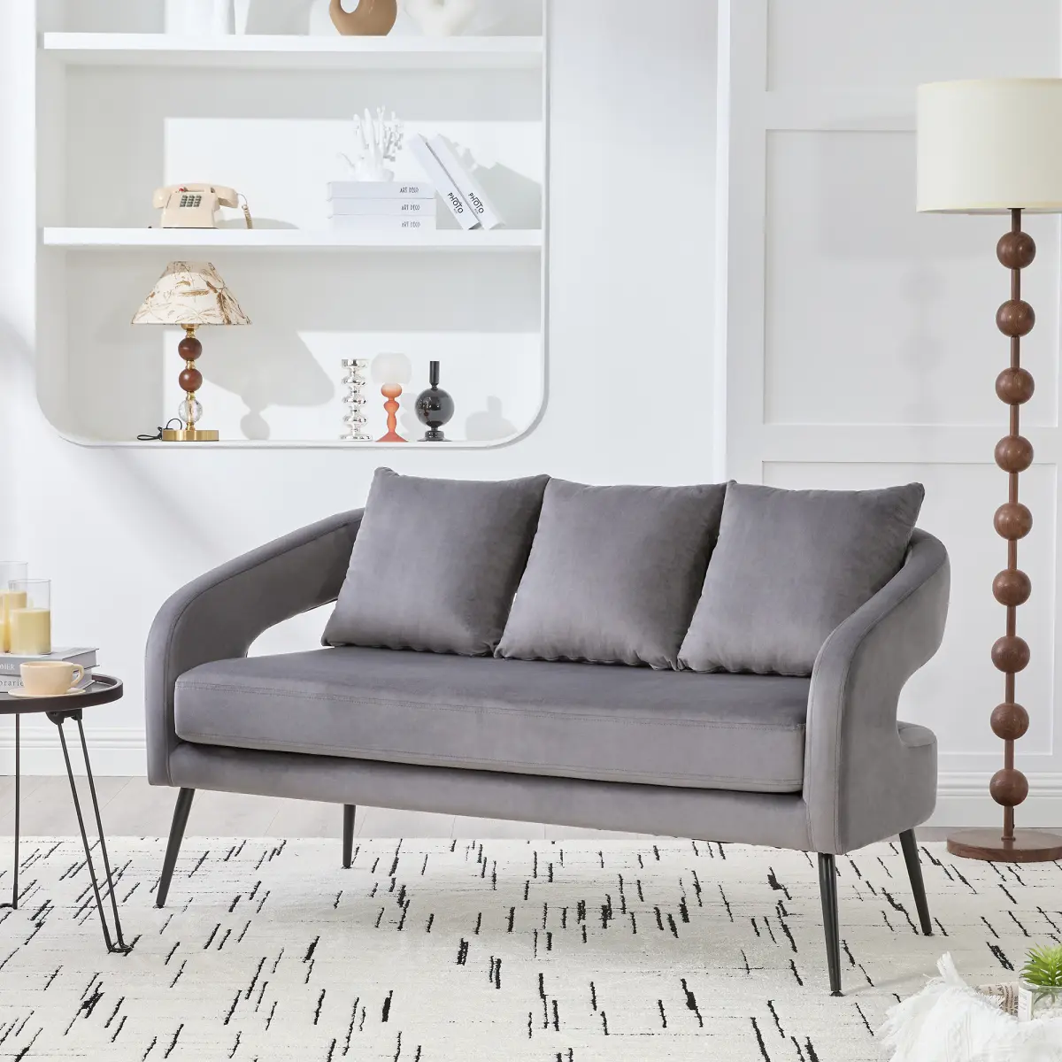 Aobtkel 53.7in Charcoal Modern Upholstered Velvet Open Back Loveseat Settee - 2-Seater Small Comfy Sofa with 3 Pillows, High-Density Sponge, Sturdy Metal Legs, Easy to Assemble for Small Space Living Room Bedroom wholesale modular lazy couch set beige