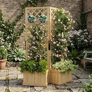 Freestanding Cedar Wooden Privacy Screen with Planter Box, Hinged Outdoor Fence Panel, Raised Garden Bed with Drainage Holes, Natural Wood Yard Divider