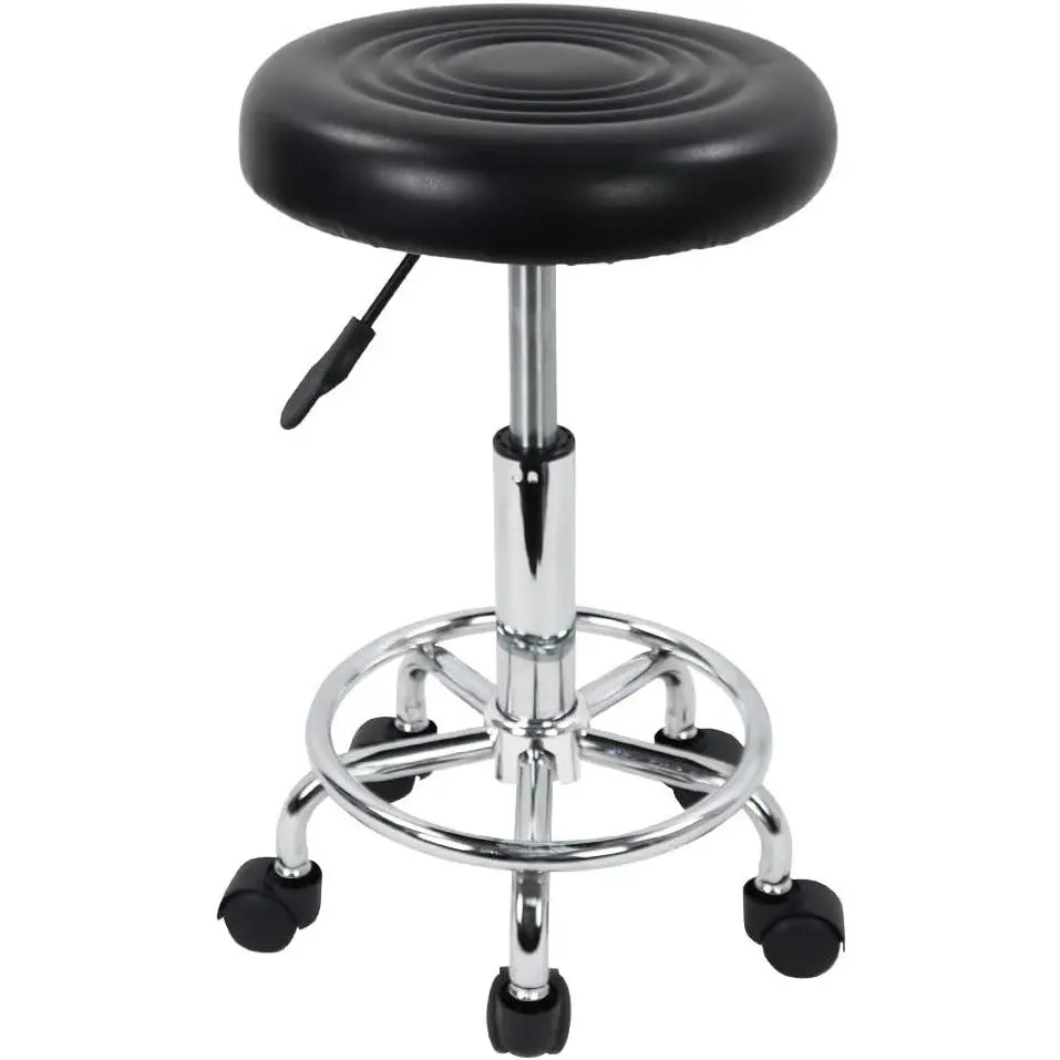 PU Leather Modern Round Rolling Stool with Footrest Height Adjustable  Drafting Salon  Work Massage Stools Task Chair Small (Black)